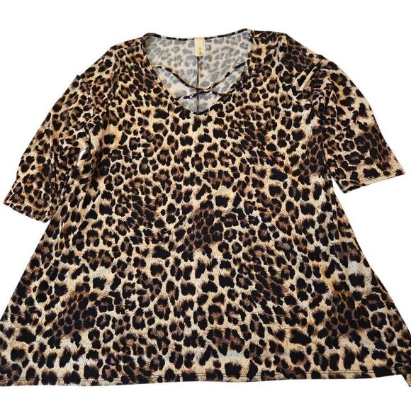 Lovely J Womens Leopard Print Criss-Cross Tunic Blouse Black Brown Plus Size 1X - Picture 2 of 9